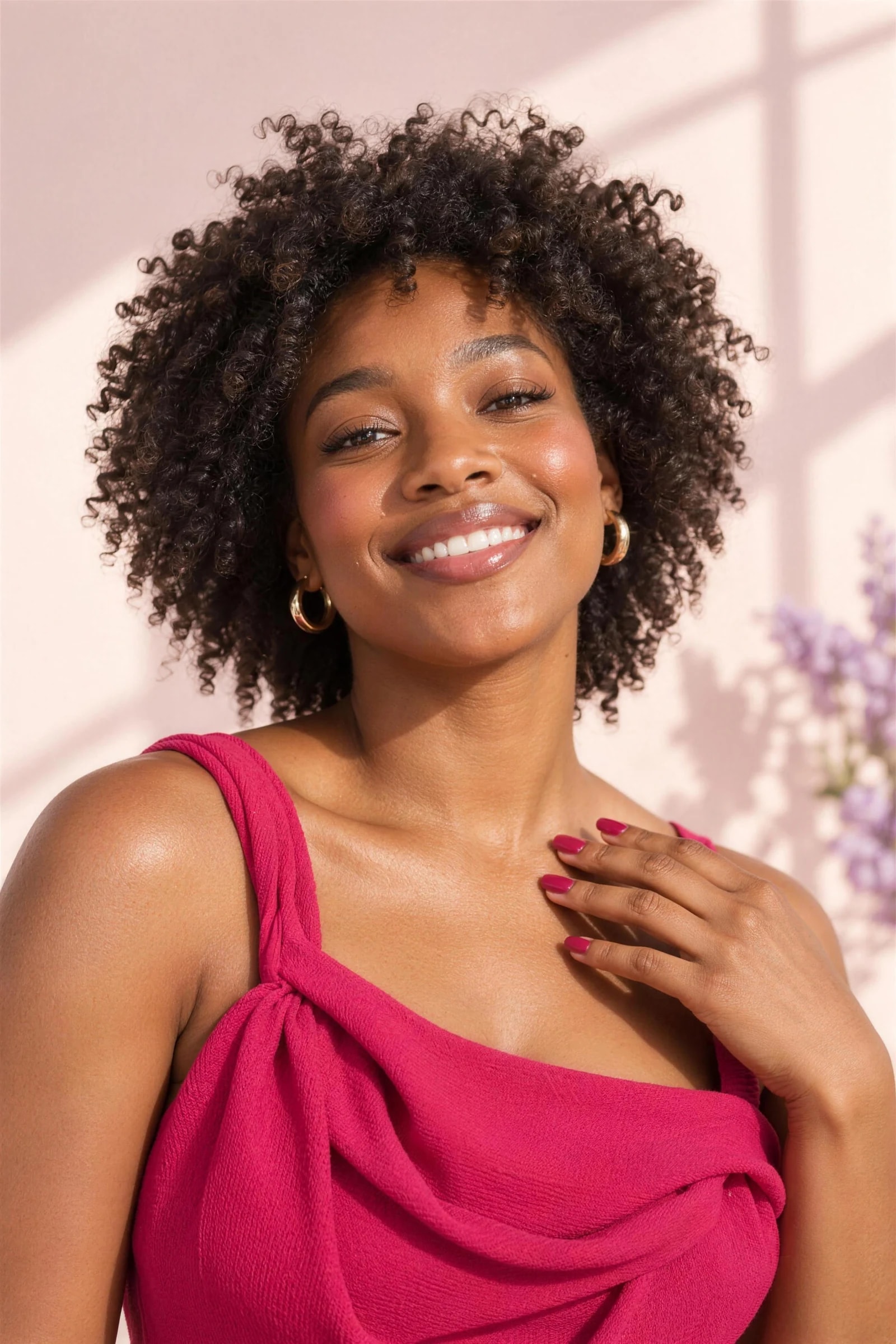 Une jeune femme noire aux cheveux naturels sourit.