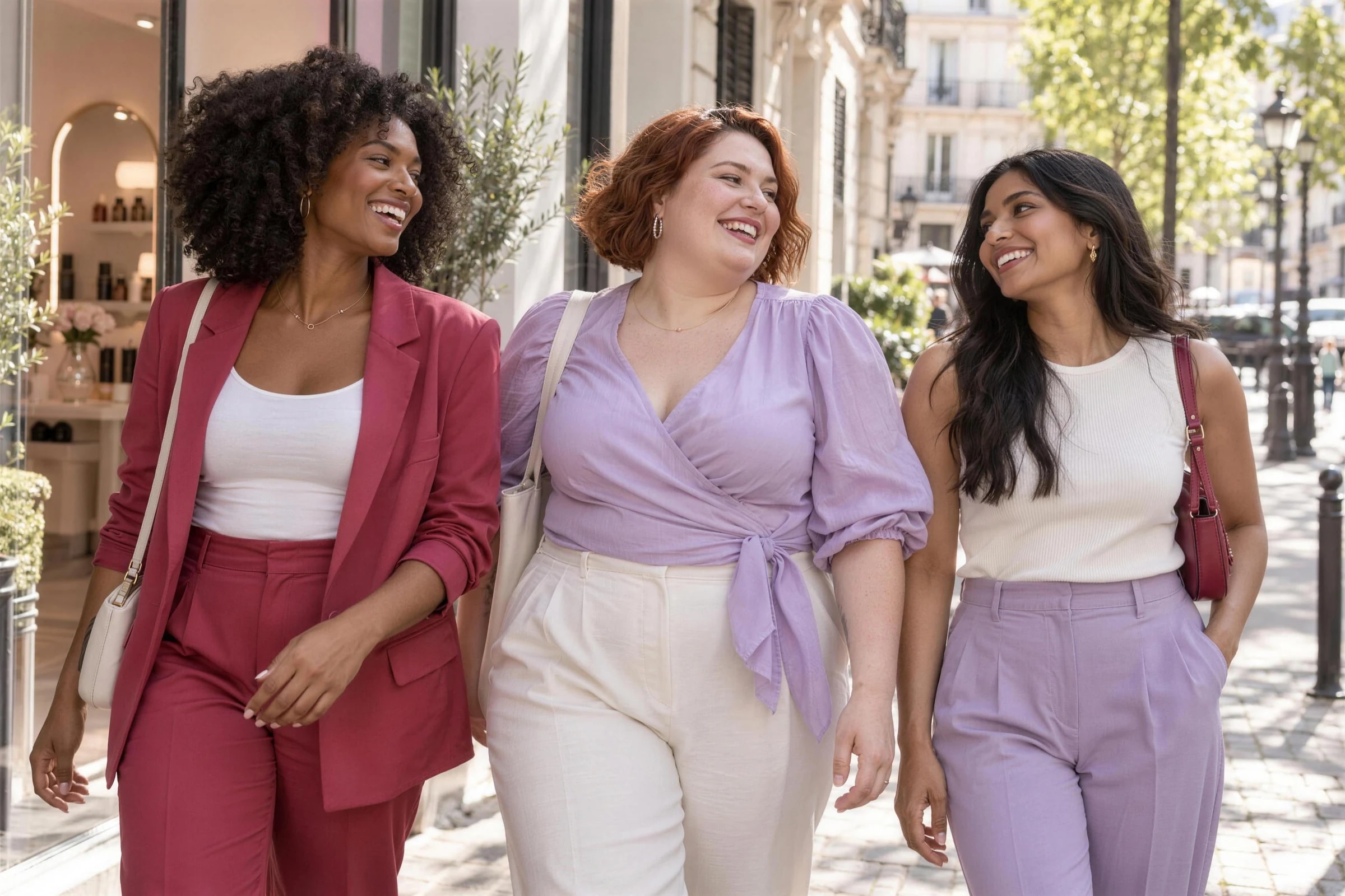 Trois amies adultes aux profils variés partagent un moment joyeux à la sortie d’un salon.