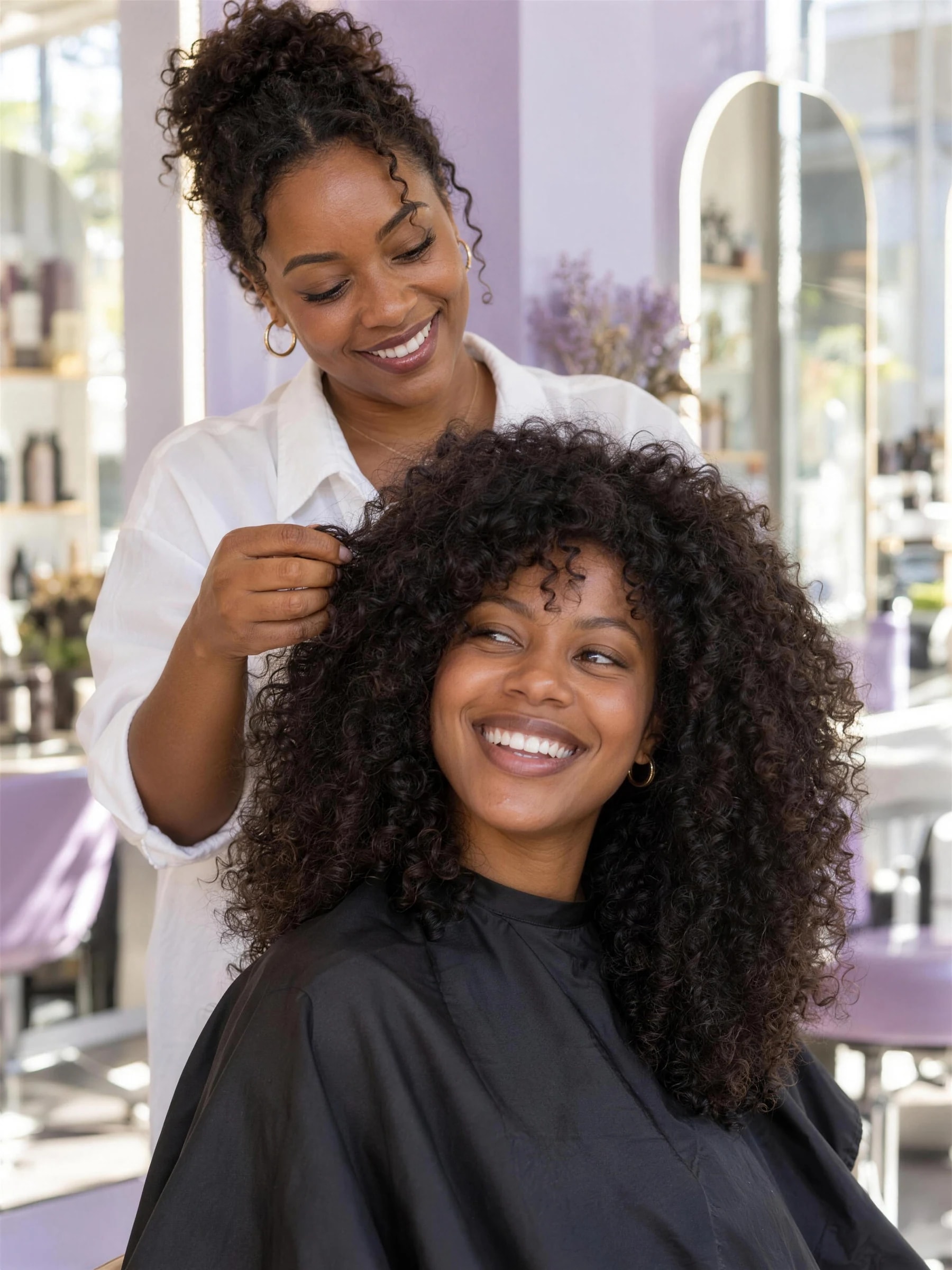 Une coiffeuse noire prend soin des boucles naturelles de sa cliente.