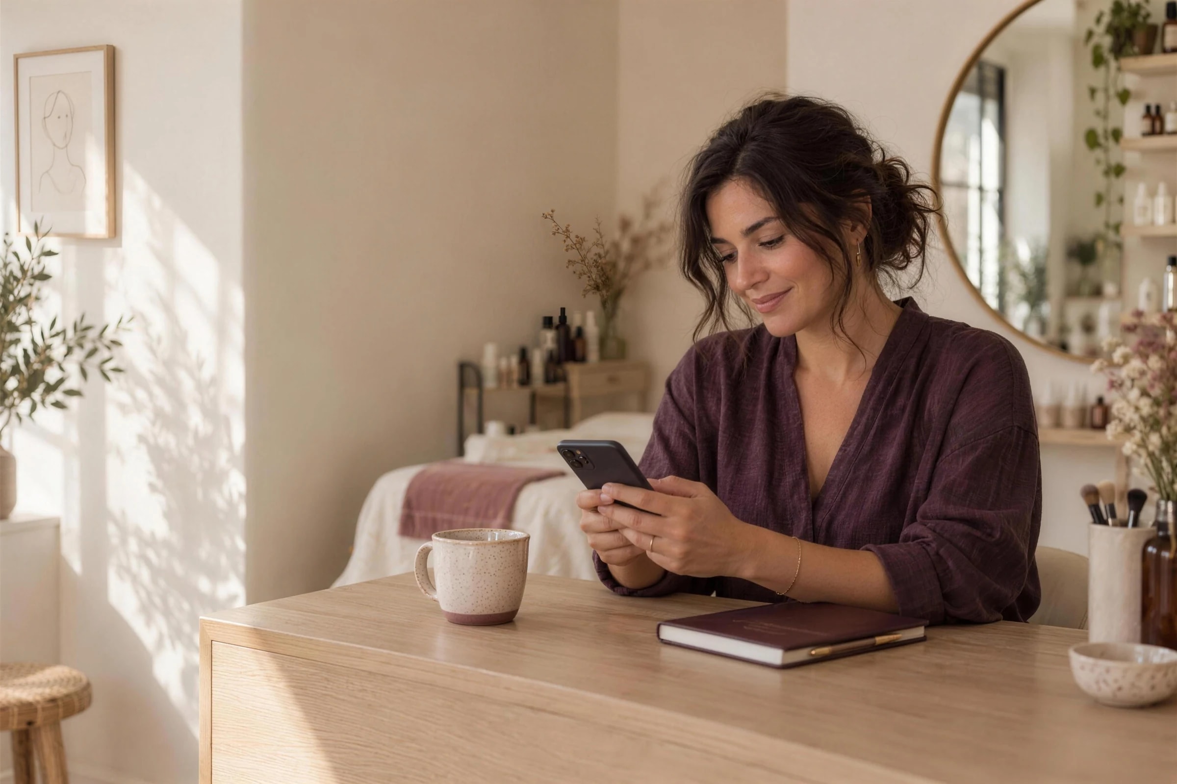 Une professionnelle consulte son téléphone dans son atelier.